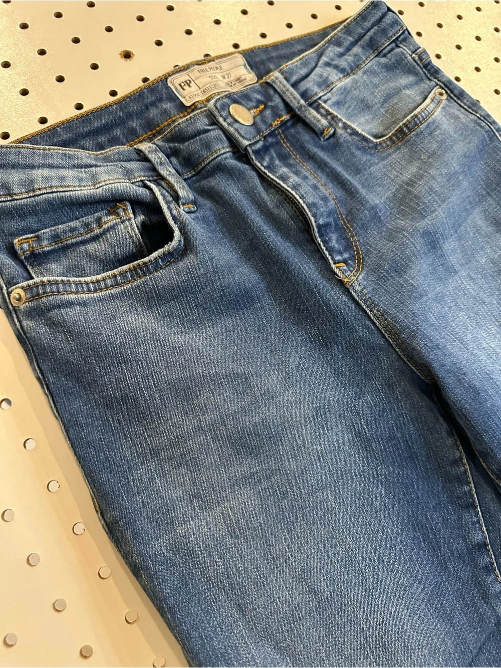 Free People Mid-Blue Flared Jeans with Frayed Hem